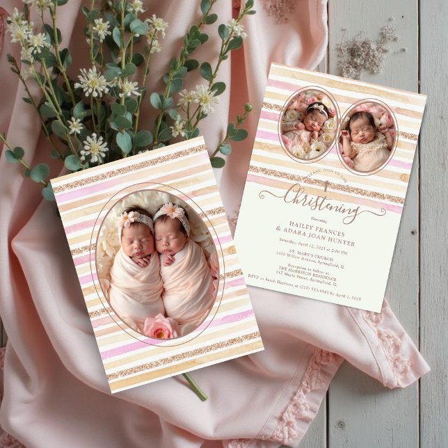Convite Delicate Romantic Glitter Stripes Twins Baptist (Delicate Romantic Glitter Stripes Baby Twins Baptist Christening Invitation Card with Oval 3-Photo. )