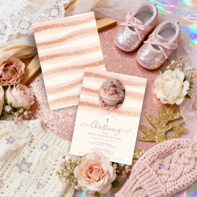 Convite Delicate Romantic Rose Gold Glitter Baptist  (Delicate Romantic Rose Gold Glitter Style Christening Invitation Card with Oval Photo.)