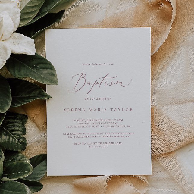 Convite Delicate Rose Gold Calligraphy Baptism (Criador carregado)