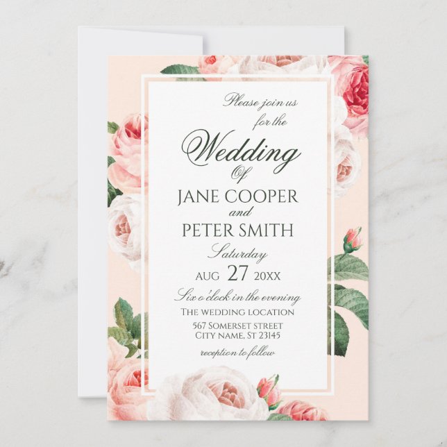 Convite Delicate Roses floral Wedding Invitation (Frente)