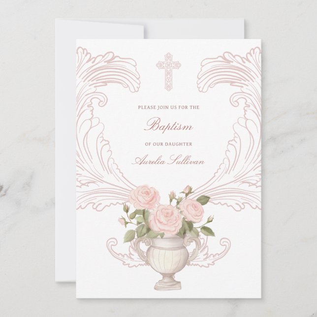 Convite Delicate Roses Frame Baptism Invitation (Frente)