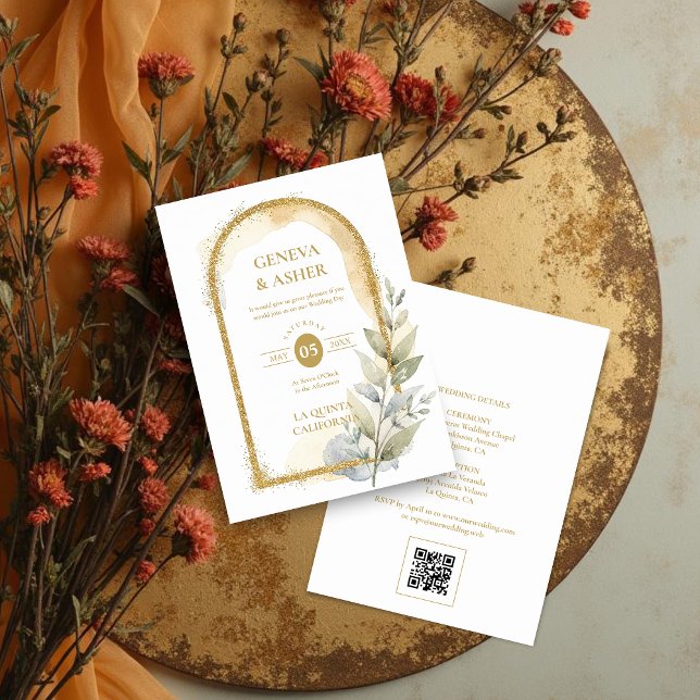 Convite Delicate Spring Green & Beige Floral Arch Wedding (Delicate Spring Green & Beige Floral Arch Glitter Effect Wedding Invitation with Back QR Code.)