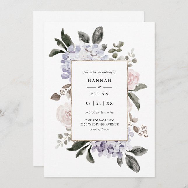 Convite Delicate Watercolor Hydrangea Floral | Casamento (Frente/Verso)