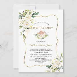 Convite Delicate White Flowers Gold Bridal Tea Party