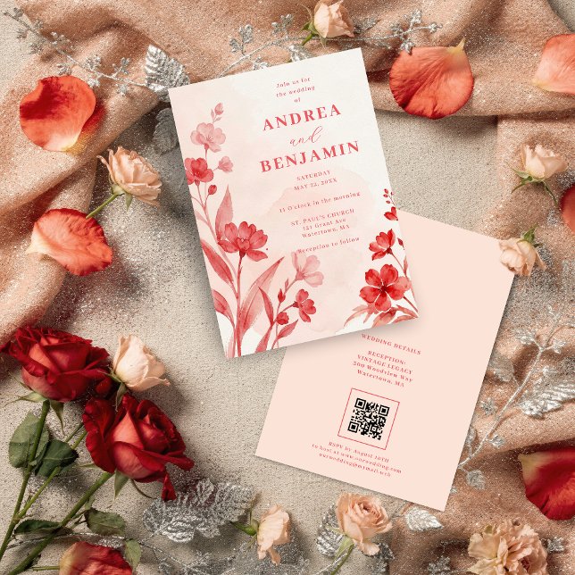 Convite Delicate Wildflowers Juicy Red Pinky Pink Wedding (Delicate Wildflowers Juicy Red & Pinky Pink Editorial Wedding Invitation with Back QR Code.)