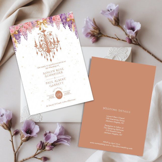 Convite Delicate Wisteria & Exquisite Vintage Chandelier (Delicate Wisteria & Exquisite Vintage Empire Style Chandelier Wedding Invitation Card Design.)
