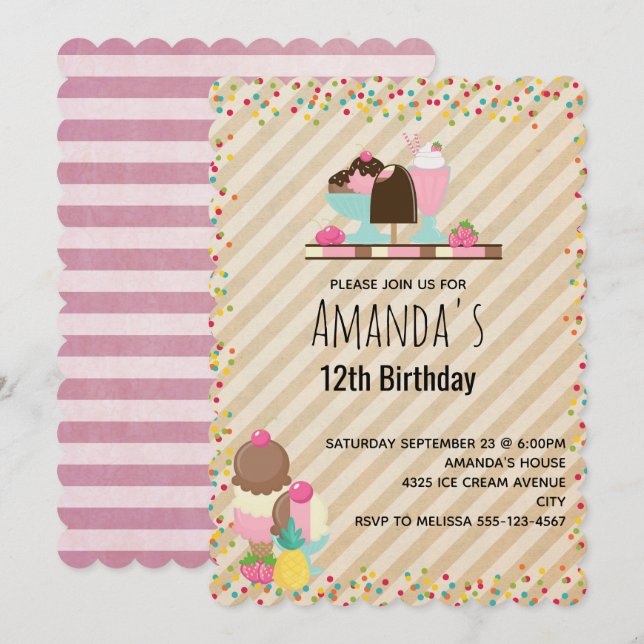 Convite Delicioso Sorvete & Float Doce Sobremesa Aniversár (Frente/Verso)