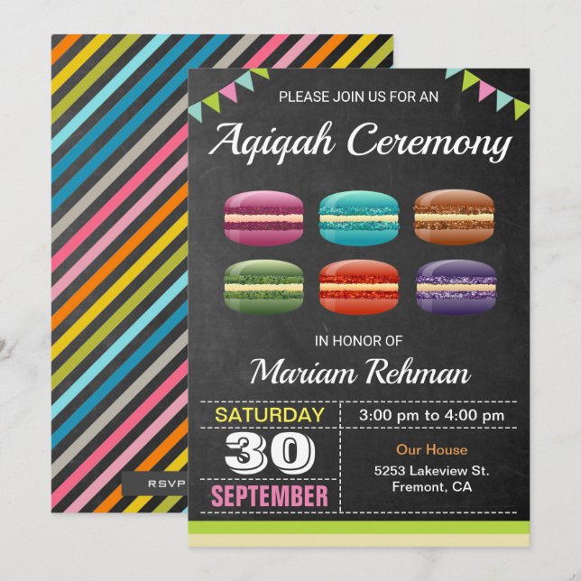 Convite Deliciosos Macarons Aqeeqah | Cerimônia Aqiqah (Frente/Verso)