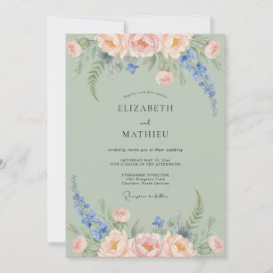 Convite Delphinium Romance Casamento Verde Salvia Pêssego