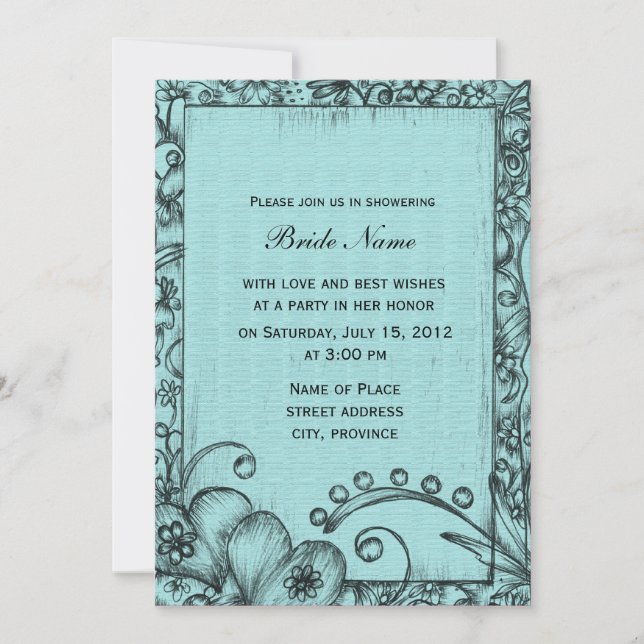 Convite Demonstração floral clássica, azul retrô e preto (Frente)