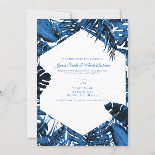 Convite Denim Azul Médio Folhas de Palma Tropical Casament