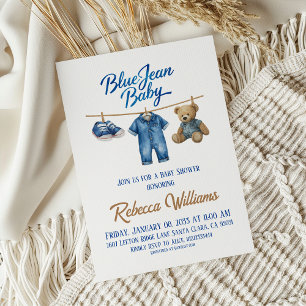 Convite Denim Bear Clothesline Boy Blue Jean Chá de fralda