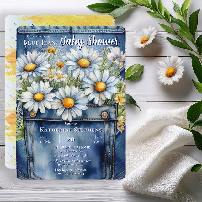 Convite Denim Blue Jean | Daisies Floral Chá de fraldas (Blue Jean Denim and Daisies Baby Shower Invitation - Print | Digital Download)