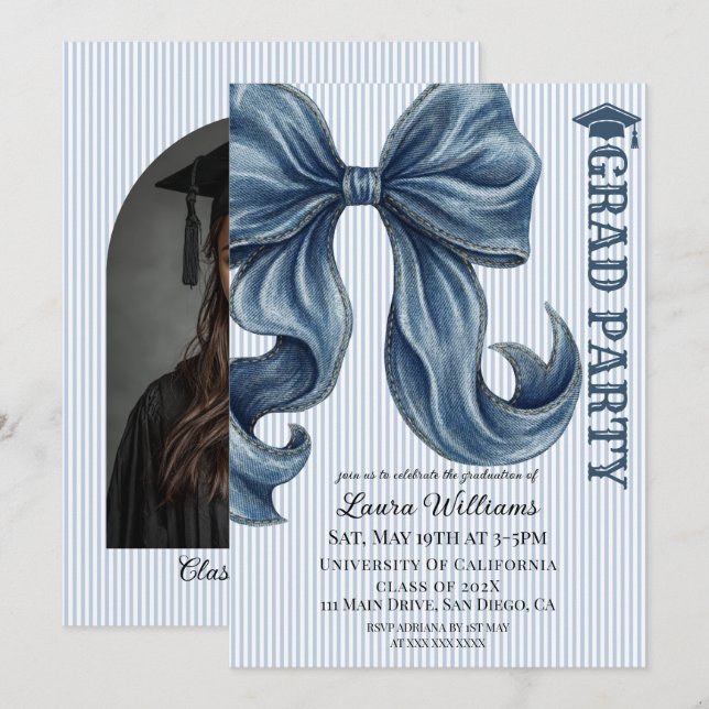 Convite Denim Bow Striped Graduation Photo (Frente/Verso)