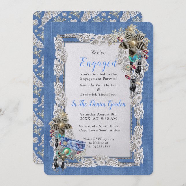 Convite Denim com creme Flor Lace e Costume Jewelry (Frente/Verso)