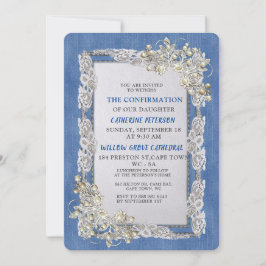 Convite Denim com Renda de Flor de Creme e Pérolas
