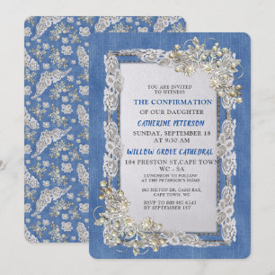 Convite Denim com rendas e pérolas da flor