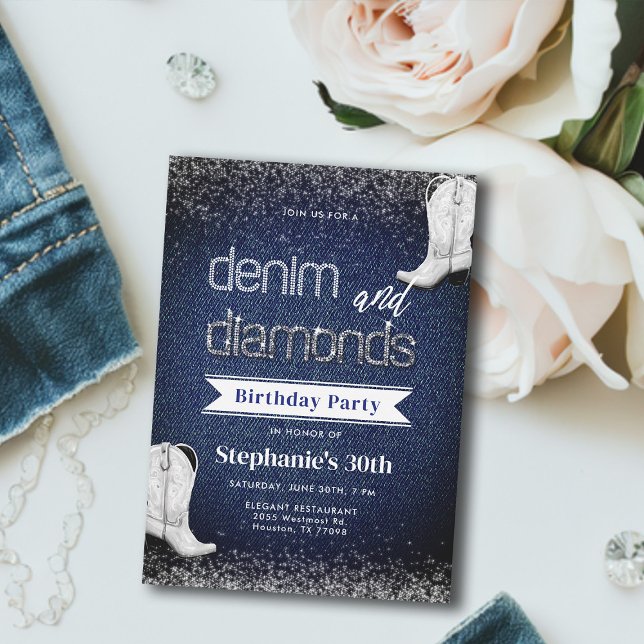 Convite Denim Diamantes Azul Boots Chic aniversário de 30  (denim and diamonds birthday invitation cowgirl boots white blue elegant classy modern glitz bling)