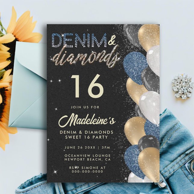 Convite Denim Diamantes Balões Arch Doce 16 Aniversário (denim diamonds sweet 16 balloon arch denim gold black elegant girly chic modern trendy sweet )