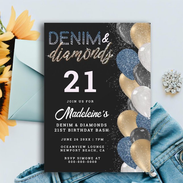 Convite Denim Diamantes Balões Arranque aniversário de 21  (denim diamonds 21st birthday invitation for women balloons arch modern elegant classy stylish cute)