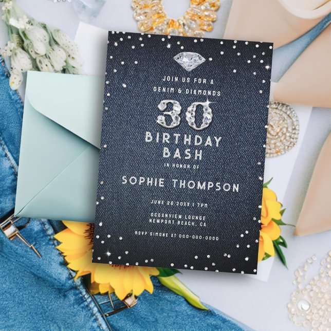 Convite Denim Diamantes Bling aniversário de 30 anos (denim and diamonds 30th birthday party invitation for women elegant modern simple classy minimalist)