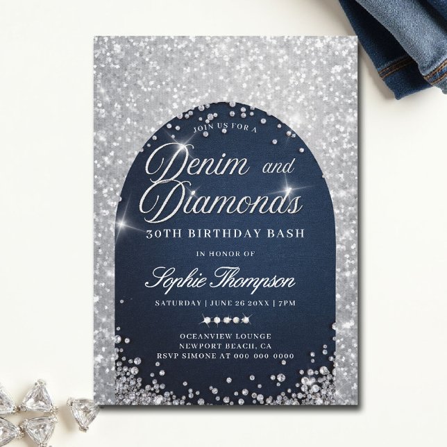 Convite Denim Diamantes Bling Arch aniversário de 30 anos (denim and diamonds theme party invitations 30th 50th sweet 16 elegant classy blue white bling )