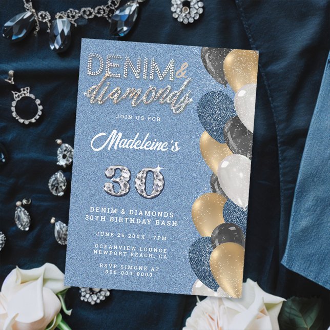 Convite Denim Diamantes Bling Balões Arranca Festa de aniv (denim and diamonds 30th birthday party invitation for women balloons arch elegant classy chic gold)