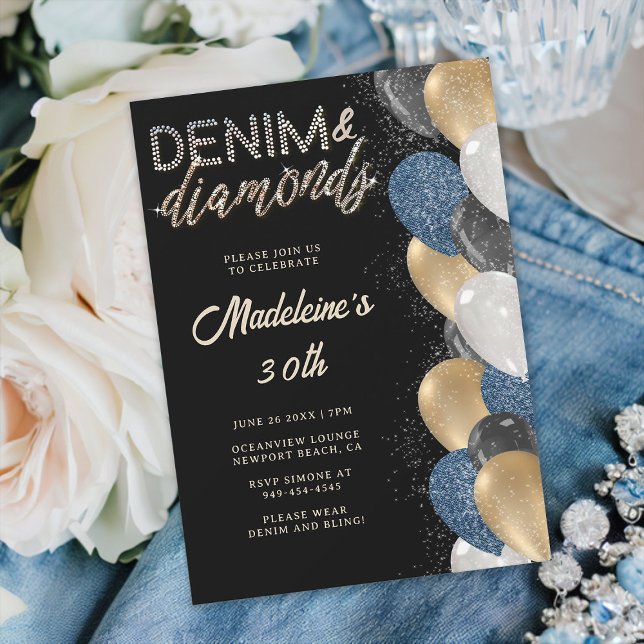 Convite Denim Diamantes Bling Balões Negros aniversário de (denim and diamonds 30th birthday party invitation women balloons arch black gold elegant classy)