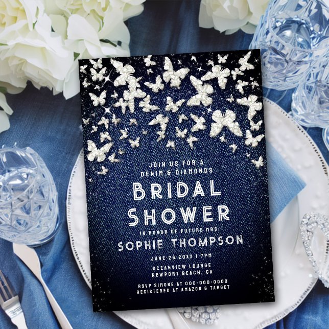 Convite Denim Diamantes Bling Butterflies Chá de panela (Criador carregado)
