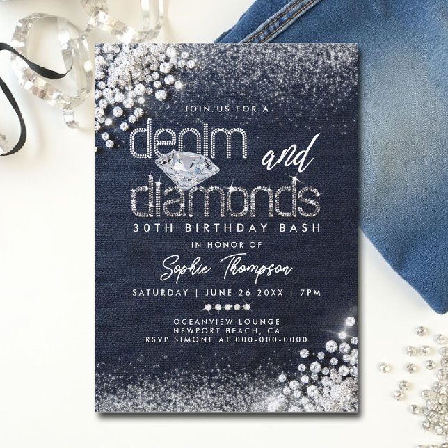 Convite Denim Diamantes Bling Classy Party aniversário de  (denim and diamonds party invitations 30th 50th sweet 16 elegant classy blue white bling template)
