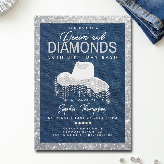 Convite Denim Diamantes Bling Frame aniversário de 30 anos (denim and diamonds invitations 30th 50th sweet 16 elegant classy blue white bling frame template)