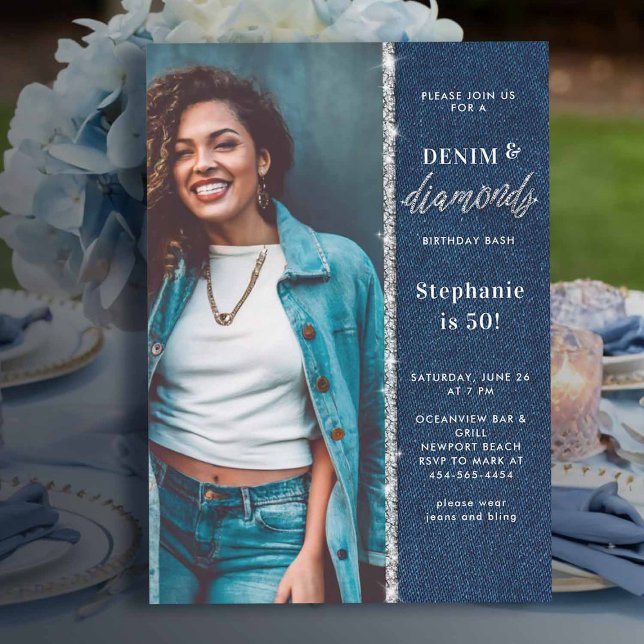 Convite Denim Diamantes Bling Glitter Foto 50º Aniversário (denim and diamonds birthday party women 50th elegant classy photo template chic)