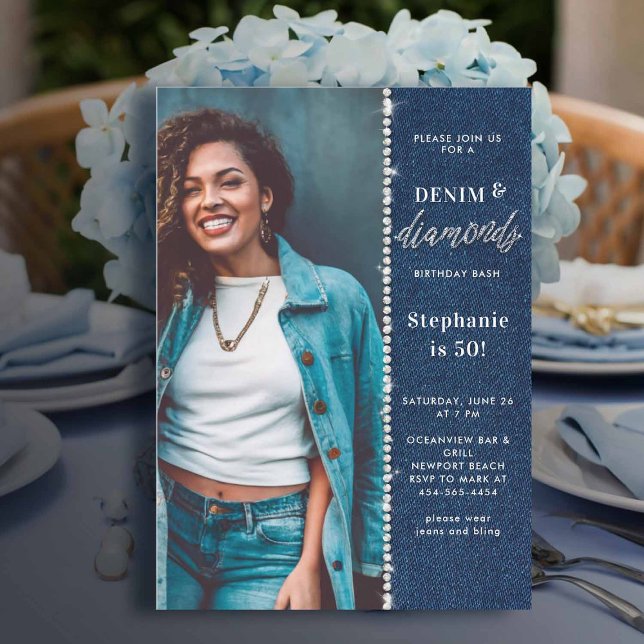 Convite Denim Diamantes Bling Glitzy Foto 50º Aniversário (denim and diamonds birthday party women 50th elegant classy glitzy photo template chic)
