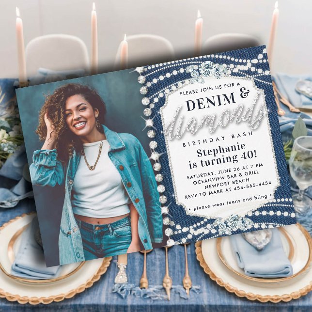 Convite Denim Diamantes Bling Pearls Foto aniversário de 4 (denim diamonds pearls 40th birthday invitation elegant classy bling glitz glam photo template modern)
