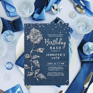 Convite Denim Diamantes Bling Rosa aniversário de 30 anos