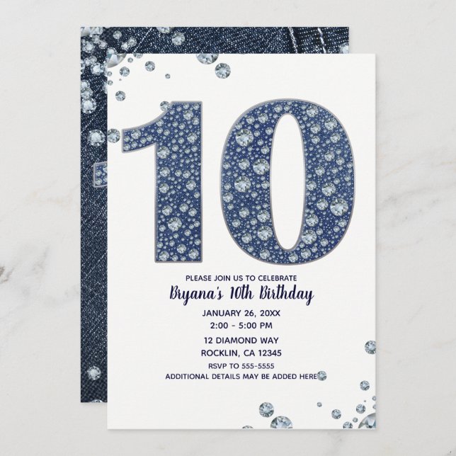 Convite Denim & Diamantes Bling Sparkle 10º 10 Aniversário (Frente/Verso)