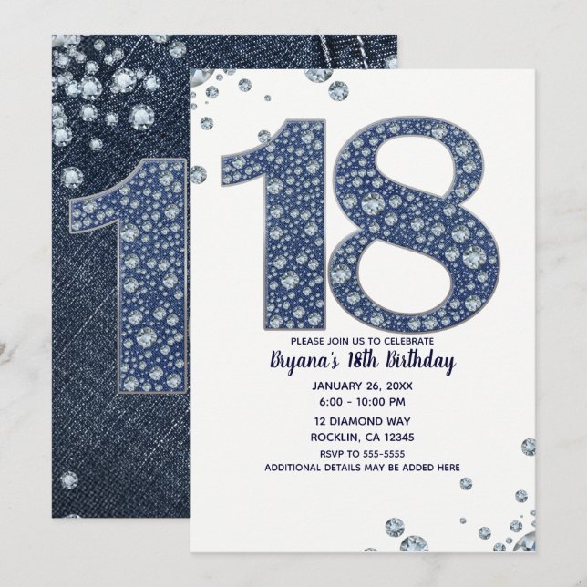 Convite Denim & Diamantes Bling Sparkle 18TH 18 Aniversári (Frente/Verso)