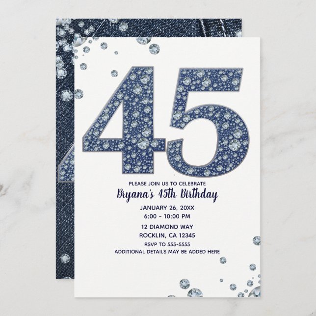 Convite Denim & Diamantes Bling Sparkle 45TH 45 Aniversári (Frente/Verso)