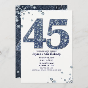 Convite Denim & Diamantes Bling Sparkle 45TH 45 Aniversári