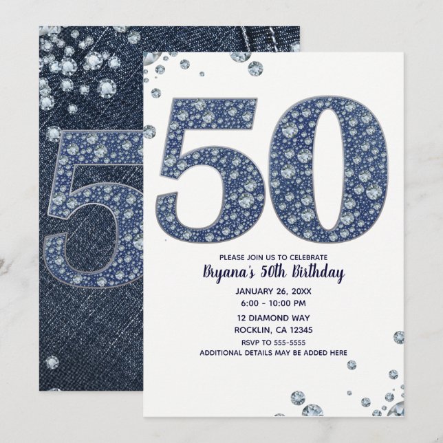 Convite Denim & Diamantes Bling Sparkle 50TH 50 Aniversári (Frente/Verso)