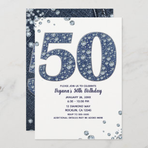 Convite Denim & Diamantes Bling Sparkle 50TH 50 Aniversári