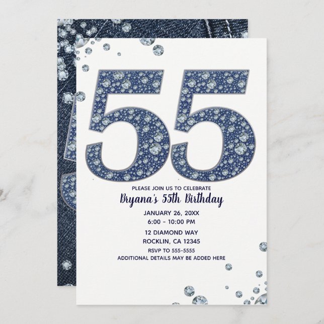 Convite Denim & Diamantes Bling Sparkle 55TH 55 Aniversári (Frente/Verso)