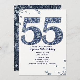 Convite Denim & Diamantes Bling Sparkle 55TH 55 Aniversári