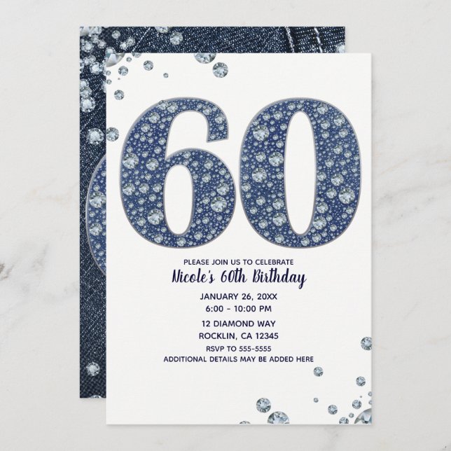 Convite Denim & Diamantes Bling Sparkle 60TH 60 Aniversári (Frente/Verso)