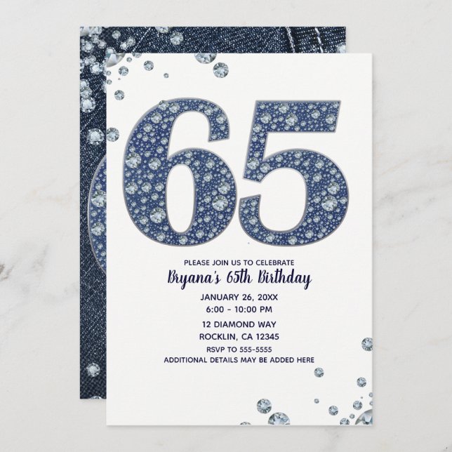 Convite Denim & Diamantes Bling Sparkle 65TH 65 Aniversári (Frente/Verso)