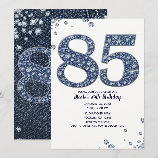 Convite Denim & Diamantes Bling Sparkle 85TH 85 Aniversári (Frente/Verso)