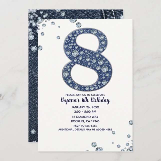 Convite Denim & Diamantes Bling Sparkle 8th 8 Aniversário (Frente/Verso)