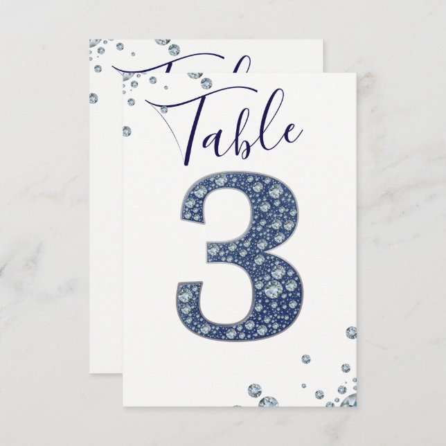 Convite Denim Diamantes Bling Sparkle Table Número 3 TRÊS (Frente/Verso)