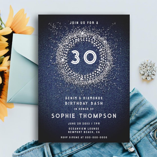 Convite Denim Diamantes Bling Starburst aniversário de 30  (denim diamonds 30th birthday party invitation for women modern elegant glitter starburst simple)