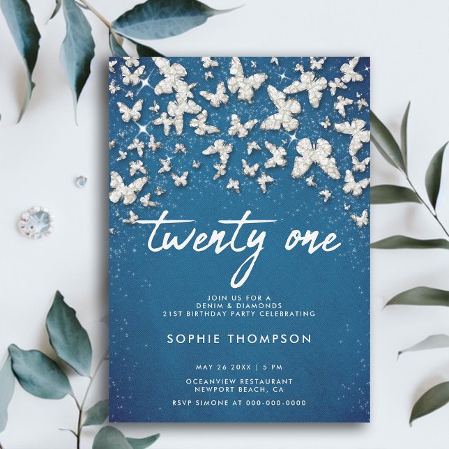 Convite Denim Diamantes Borboletas Brilhantes Azul 21 rua  (denim diamonds 21st birthday butterflies bling white blue elegant modern feminine glitter bling chic)